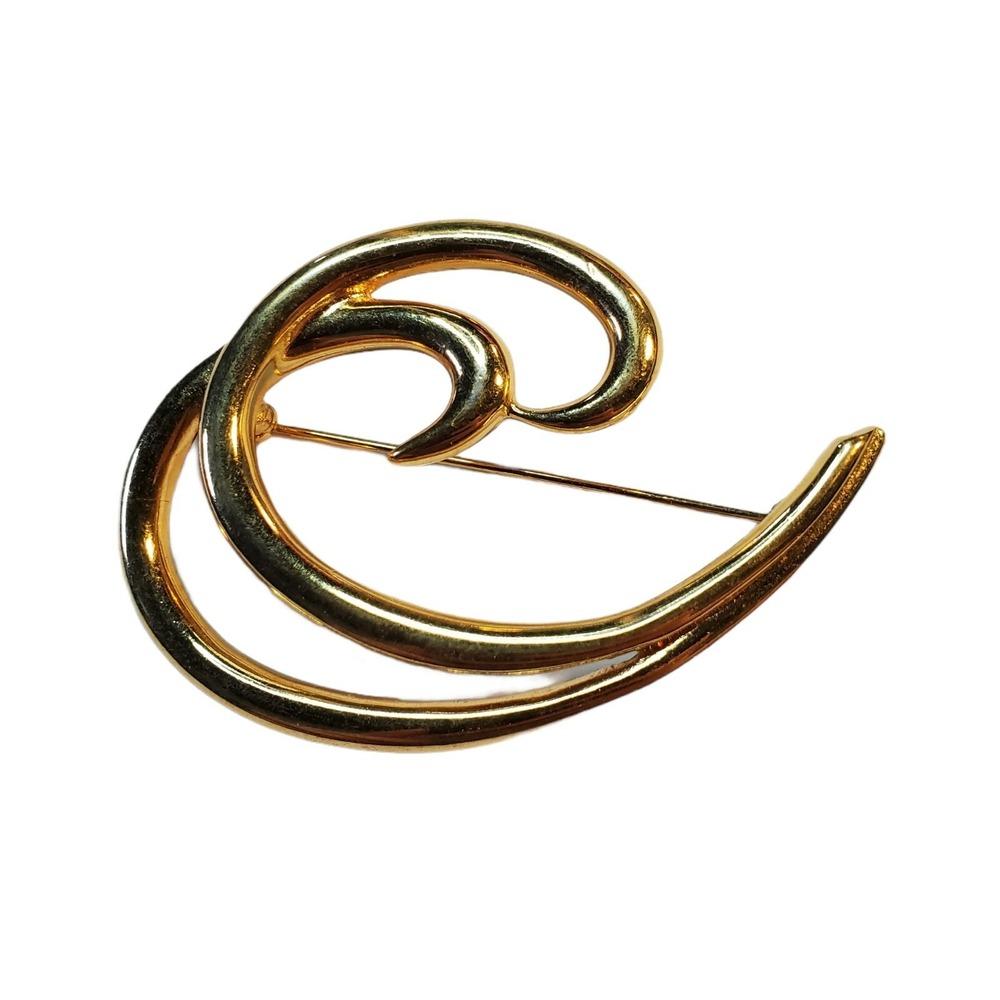 Vintage Signed Trifari Large Smooth Gold Tone Metal Swirl Curved Brooch Pin